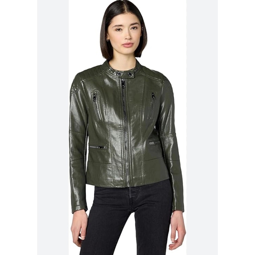 Kenneth Cole Olive Green Faux Leather Moto Jacket Size S Edgy Minimalist Utility